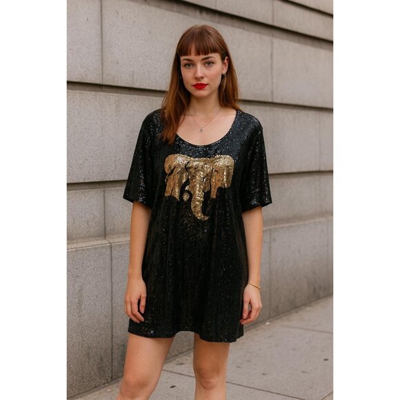 Vintage Black Sequin Elephant Dress – 80s/90s Batwing Midi Kaftan, Gold Sequin - Picture 2 of 9